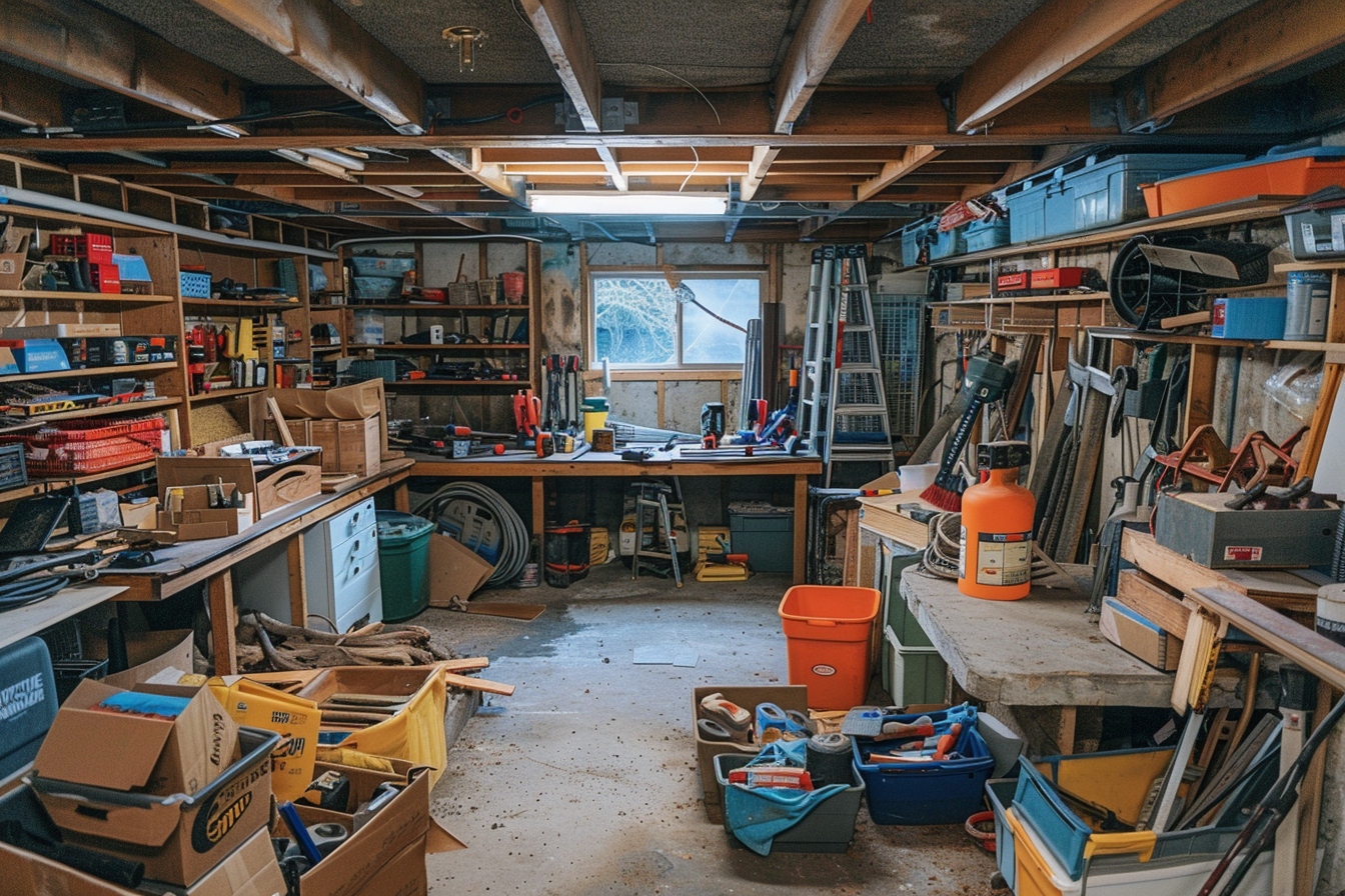 Atelier encombré avec outils et établi.