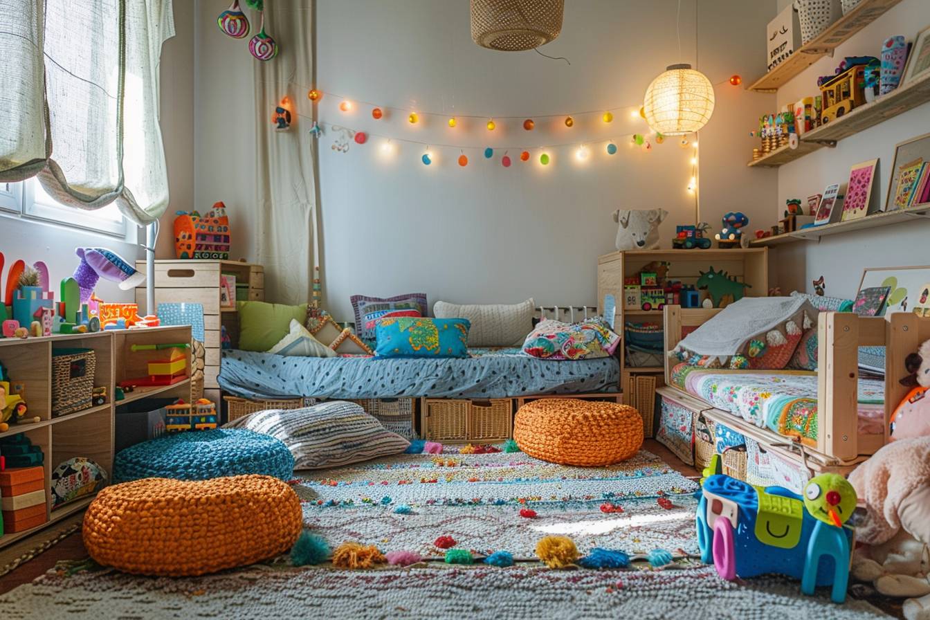 Chambre d'enfant colorée et écologique décorée avec des matériaux recyclés, montrant des jouets et des meubles faits maison